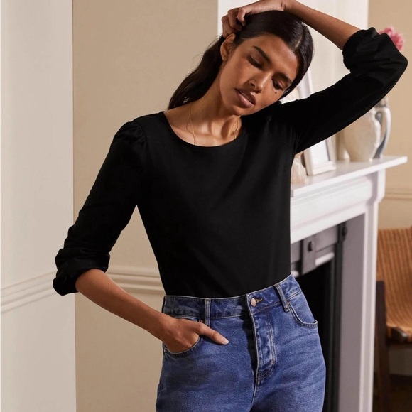 BODEN Cotton Jersey Puff Long sleeve Top Black - Picture 1 of 7